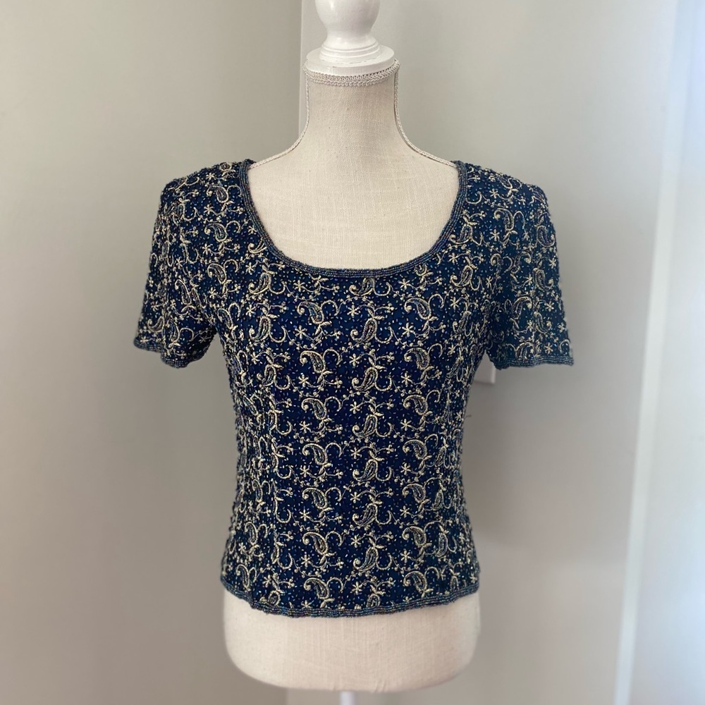 J Laxmi New York Vintage Beaded Navy Silver Top